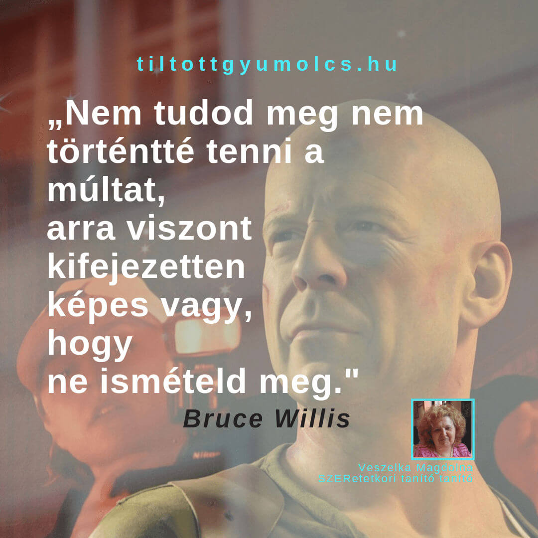 Idézet Bruce Willistől: "Nem tudod meg nem történtté tenni a múltat, aara viszont kifejezetten képes vagy, hogy ne ismételd meg." - Tiltott gyümölcs